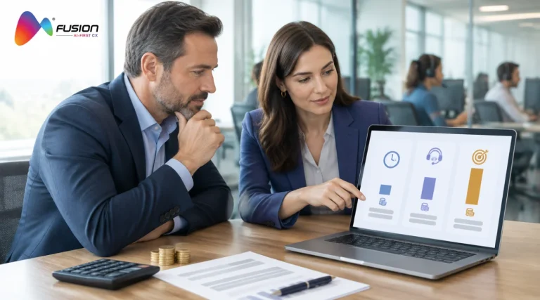 Buyer and account manager comparing call center outsourcing pricing models