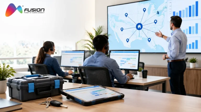 Operations manager presenting a map of service locations linked to one central hub while customer service agents with headsets handle home services calls