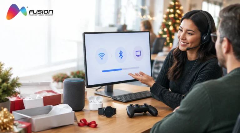 Technical support agent with a headset helping a customer set up new holiday gift devices, with a smart speaker, earbuds, smartwatch and game controller on the desk