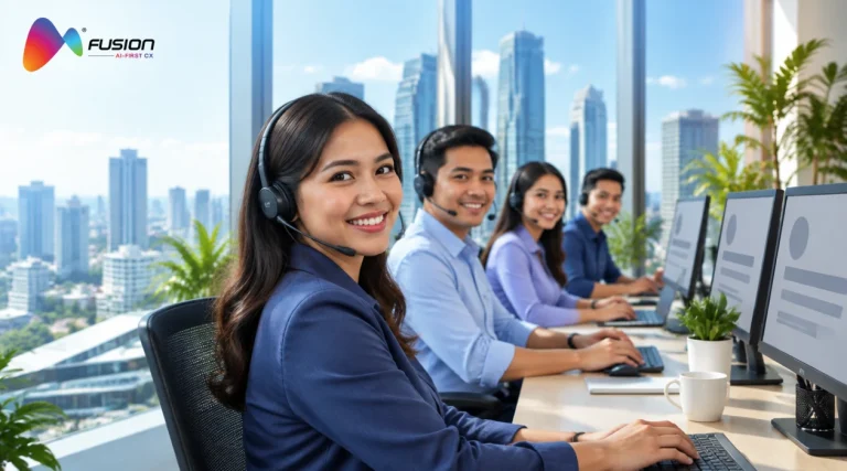 Smiling customer service outsourcing team in the Philippines with the Manila skyline behind them