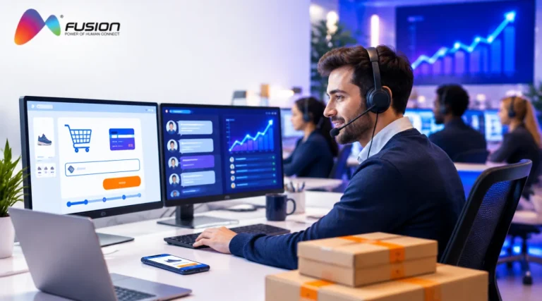 Ecommerce customer support agent with a headset helping an online shopper at checkout, with a live chat queue and a rising traffic chart during the Cyber Monday surge