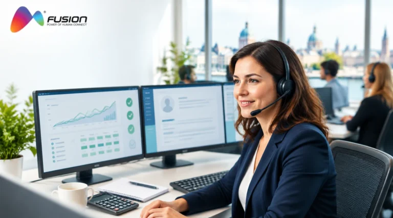 Collections agent with a headset speaking with a customer at a European contact center, with a recovery analytics dashboard and compliance checkmarks on screen