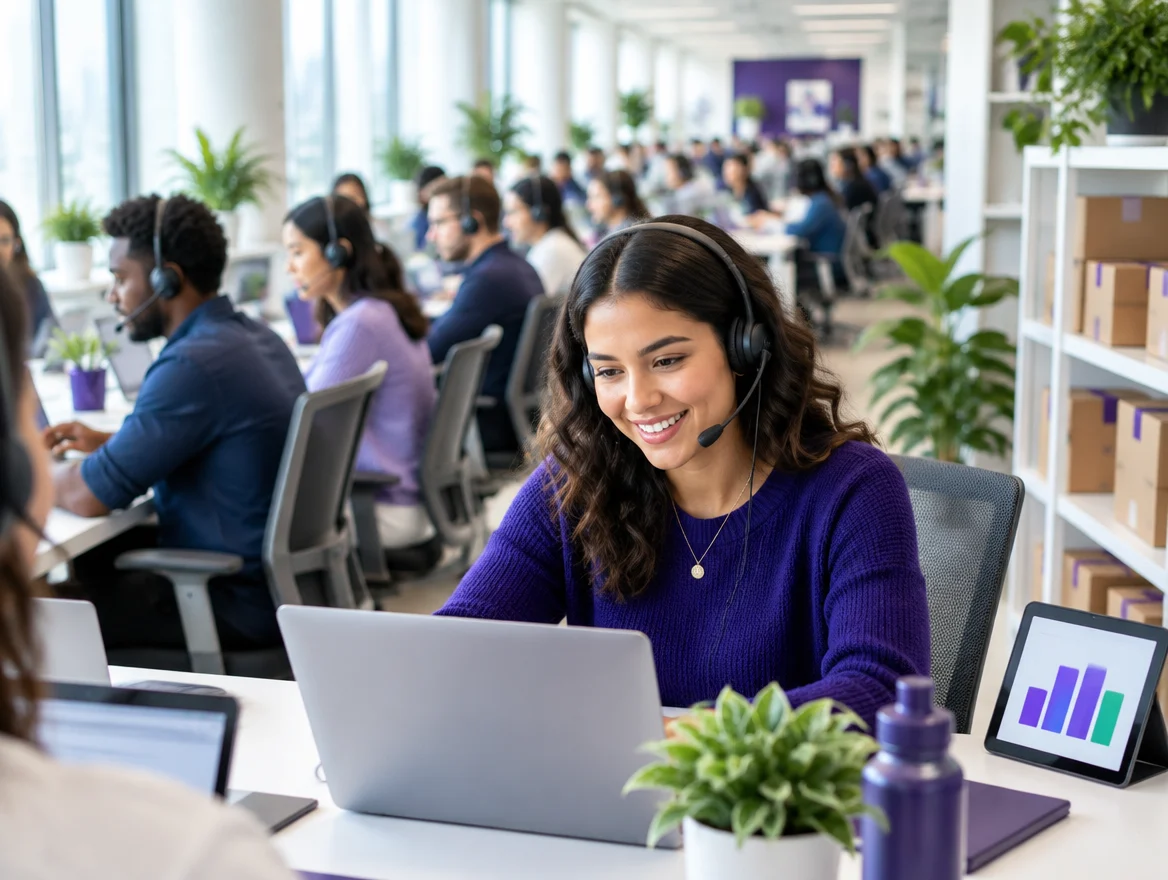 Customer support agents on a large ecommerce marketplace operations floor handling buyer and seller support