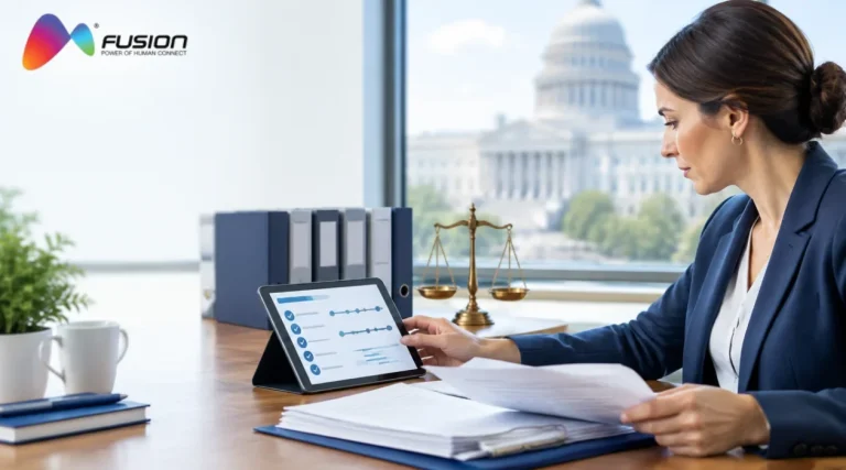 Healthcare benefits operations manager reviewing regulatory documents and a compliance dashboard, with a government building visible through the window