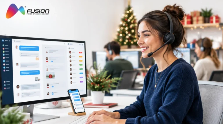 Social customer care agent with a headset replying to holiday shopper messages and comments in a social media support inbox, with a Christmas tree in the background