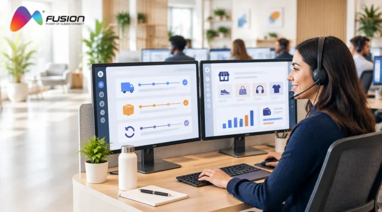 Marketplace support agent with a headset managing buyer orders, deliveries and returns on one screen and seller catalog and payouts on another