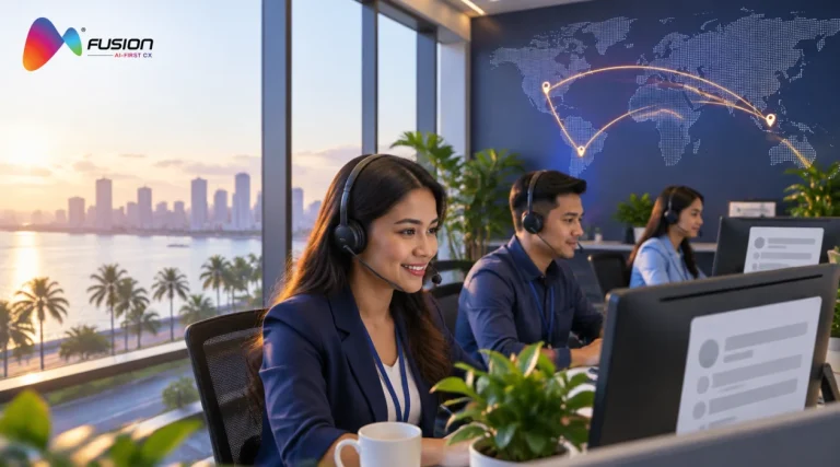 Customer support team in the Philippines with a world map showing nearshore and offshore routes
