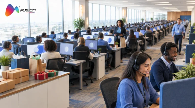 Large retail contact center floor with more than 100 agents ready for peak season