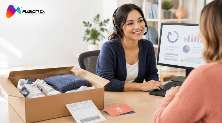 Customer service agent with a headset helping a shopper beside an opened ecommerce return box with sneakers and a sweater