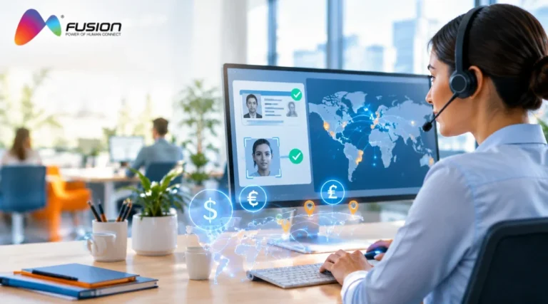 Fintech support agent with a headset reviewing identity verification and a cross-border account onboarding map, with dollar, euro and pound icons