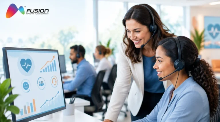 TPA customer support team lead and agent with headsets reviewing a member satisfaction dashboard in a healthcare support center