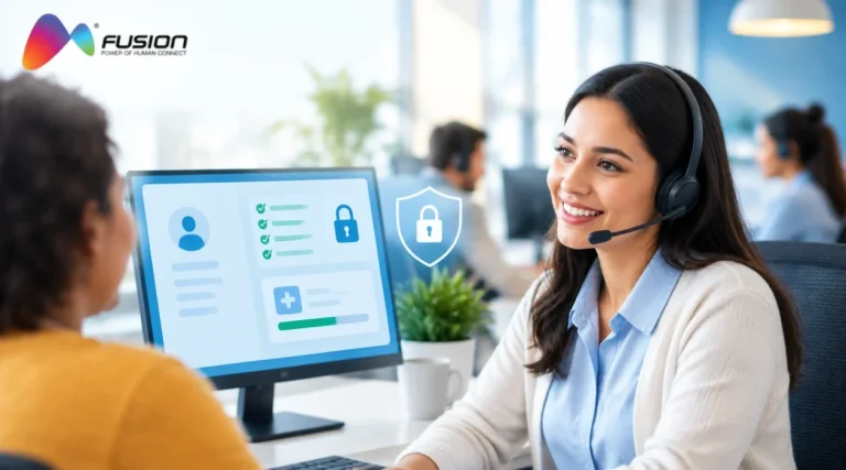 TPA customer care agent with a headset helping a member while a compliance checklist and privacy lock show on the account screen