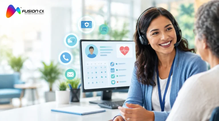 Member engagement specialist with a headset talking with a health plan member, with a personalized member profile and outreach channel icons on screen