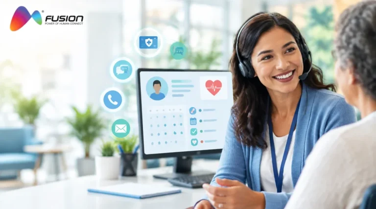 Member engagement specialist with a headset talking with a health plan member, with a personalized member profile and outreach channel icons on screen