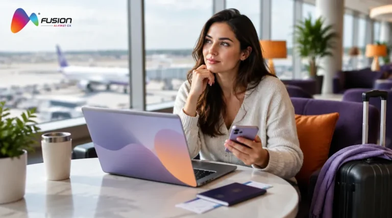 Traveler in an airport lounge pausing before completing an online booking