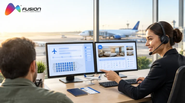 Travel support agent with a headset helping a customer with a flight seat map and a hotel booking, with an airliner on the runway outside
