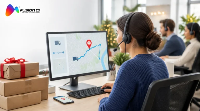 Customer service agent with a headset checking a delivery tracking map during the holiday peak, next to a stack of shipping boxes with a red ribbon